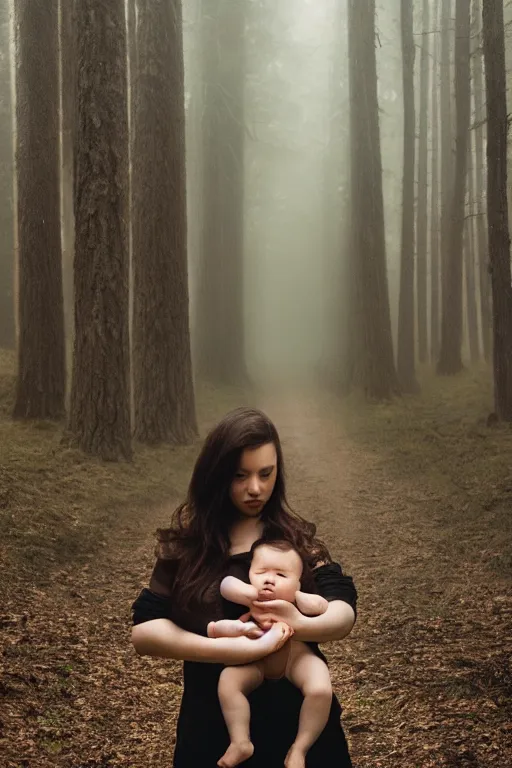 Image similar to a cinematic photo of a young woman with dark hair holds a baby in a dark, foggy forest, closeup, masterpiece