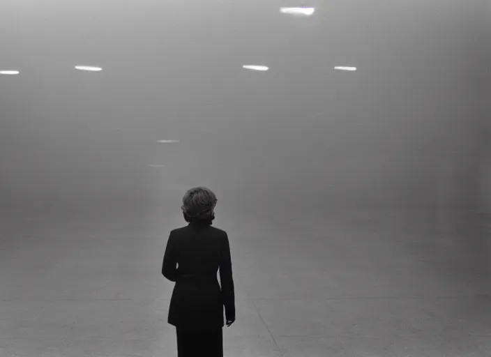 Image similar to cinematic portrait of olivia coleman standing outside in a foggy desolate eerie department store empty parking lot, one car, paranoia everywhere, scene from the tense thriller film directed by stanley kubrick, detailed portrait photo, volumetric hazy lighting, anamorphic lens, moody cinematography, 3 5 mm kodak color ektochrome