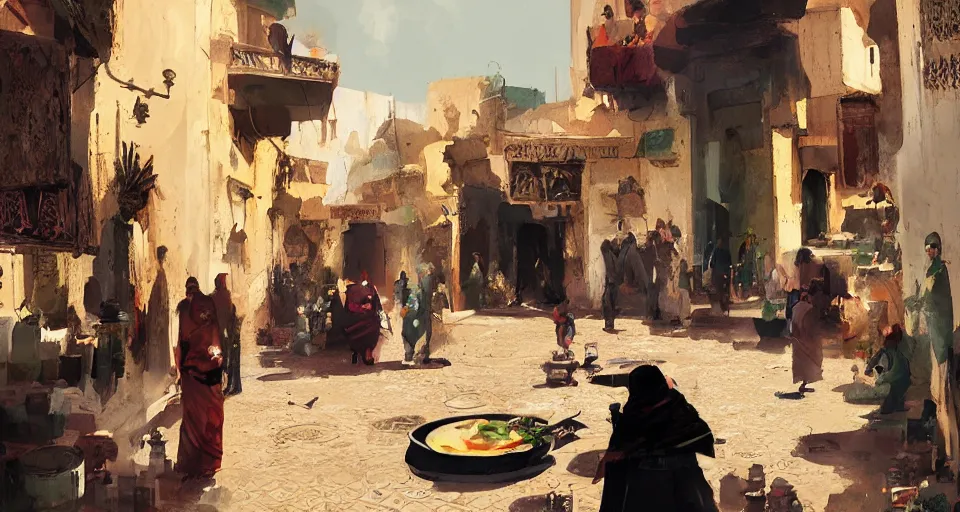 Image similar to Batman eat tajine in fez morrocco, digital art,ultra realistic,ultra detailed,art by greg rutkowski