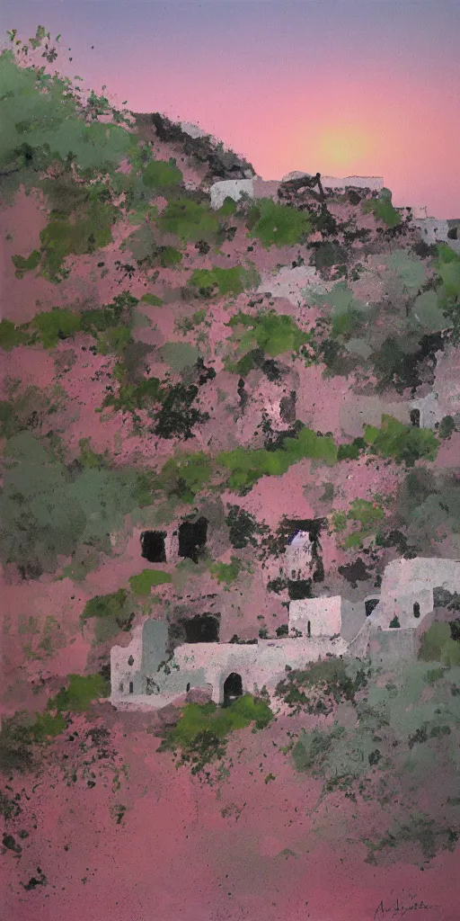 Image similar to overgrown ruins of santorini with pink sky, painting by ashley wood