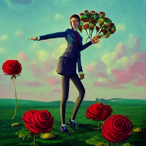 Image similar to portrait, giant rose flower head, girl dancing in a suit, surreal photography, sunrise, blue sky, dramatic light, impressionist painting, digital painting, artstation, simon stalenhag