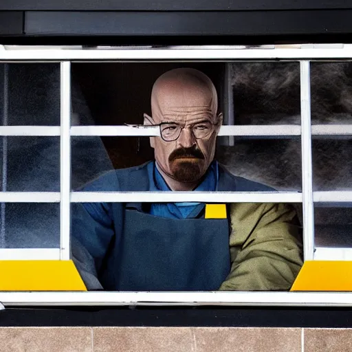 Prompt: walter white at mcdonalds window, serving food