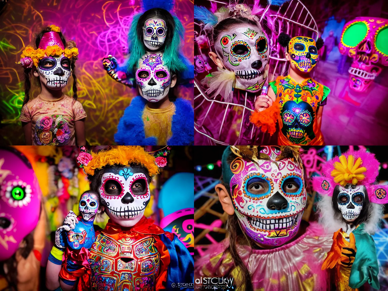 Prompt: a child wearing dia de los muertos face make - up and a luchador costume sits in a cage, during a 1 9 8 0 s laser show, and whispers secrets to her guardian spirit. lowbrow, pop surrealism art style, alebrijes aesthetic, contemporary art illustration, photography by steven curry, ultra real 8 k photography