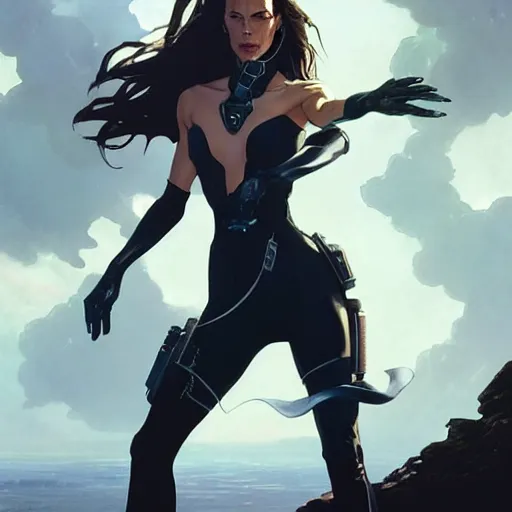 Image similar to kate beckinsdale as aeon flux profile picture by greg rutkowski, dynamic pose, intricate, futuristic, fantasy, elegant, by stanley artgerm lau, greg rutkowski, thomas kindkade, alphonse mucha, loish, norman rockwell,