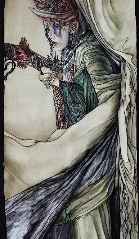 Image similar to cate blanchet , hanging scroll, ink and colours on silk, high detail