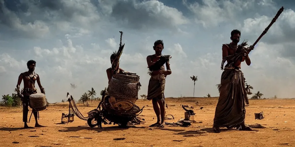 Prompt: sri lankan mad max style, playing bongo drum, film still, epic shot cinematography, rule of thirds