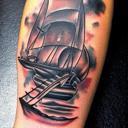 Image similar to A magical pirate ship, tattoo design on white background, hyper realistic shaded tattoo, award winning tattoo