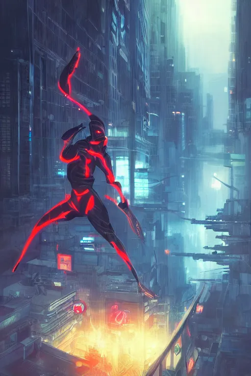 Image similar to ninja slayer, japan, neon lightning, night city, highly detailed, digital painting, trending on artstation, concept art, sharp focus, illustration, art by artgerm and greg rutkowski and magali villeneuve