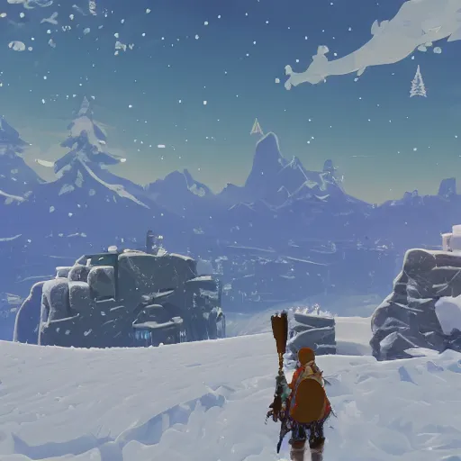 Prompt: snowy Landscape and a village in the background in the style of zelda breath of the wild