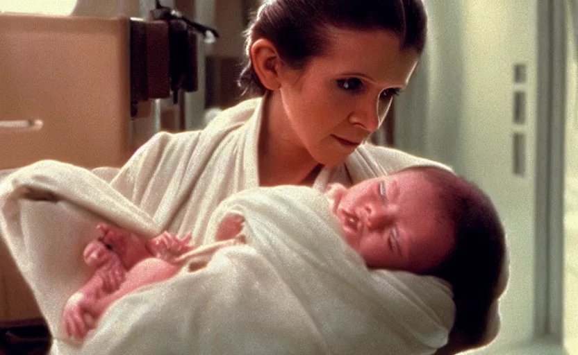 Prompt: screenshot of Princess Leia Organa holding a new born baby in a swaddle, Han Solo watches, iconic scene from 1980s Star Wars film directed by Ridley Scott, in a sci fi nursing home architecture, last jedi, 4k HD sharp, cinematic still frame, photoreal, detailed face, moody lighting, stunning cinematography, anamorphic lenses, kodak color film stock