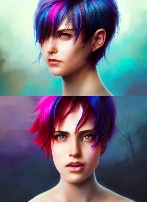 Image similar to girl with rainbow hair, pixie haircut, beautiful highly detailed face, complementary lighting, backlit, black eyeshadow, grinning, adventure, dramatic lighting, landscape background, beautiful painting by artgerm and greg rutkowski and raymond swanland