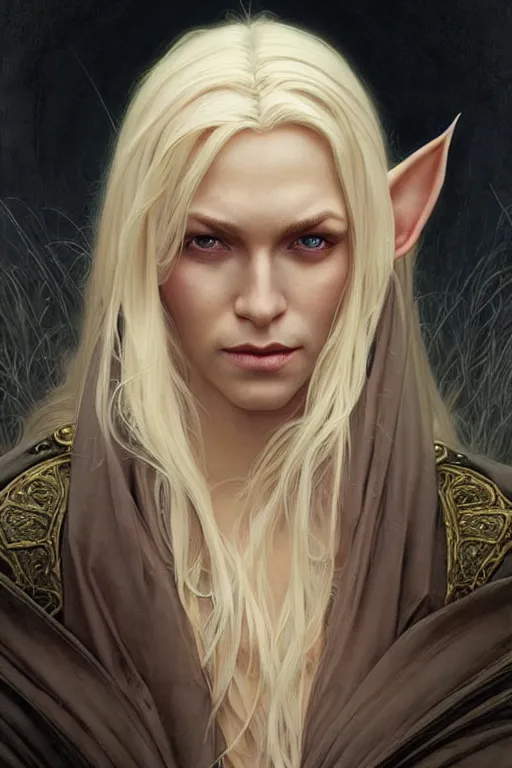 Image similar to portrait of an old blonde elven mage, dark, piercing eyes, gentle expression, elegant clothing, photorealistic, highly detailed, artstation, smooth, sharp focus, art by michael whelan, artgerm, greg rutkowski and alphonse mucha