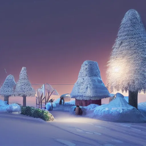 Prompt: a highly detailed digital art rendering and concept design of a snowy villages at dusk, stunning volumetric lighting, three dimensions, digitally altered environment, ui design, 3d modeling, illustration, transport design,