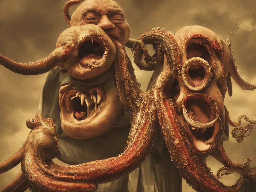 Prompt: a widescreen colorchrome portrait photo of a medieval old happy screaming priest, holding a giant giant octopus, style steve mccurry octane render 8 k