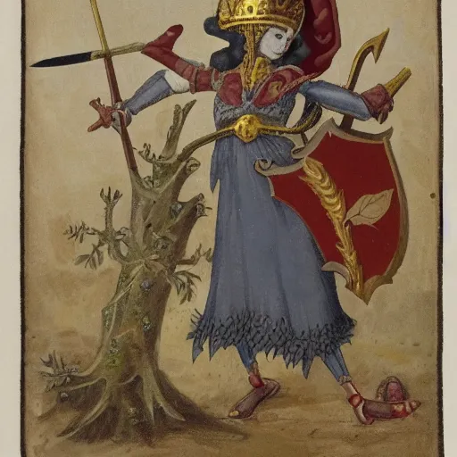 Image similar to an anthropomorphic poppy flower wears an iron breastplate with a gilded crown crest on it, holding a sword and shield as if she's ready for battle, standing next to a large tree stump that seems to be made out of white marble or stone