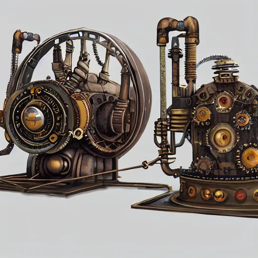 Prompt: painting of steampunk engines in a scifi tent, hardsurface, symmetric form exploration, big medium small, artstation, concept art, frank lloyd wright