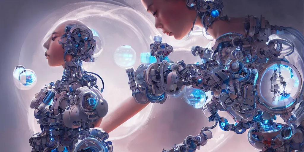 Image similar to hyperrealistic photography of a gorgeous big female cyborg constructing a bubble machine in the style of Jin Kagetsu, James Jean and wlop, highly detailed, masterpiece, award-winning, sharp focus, intricate concept art, ambient lighting, 8k, artstation