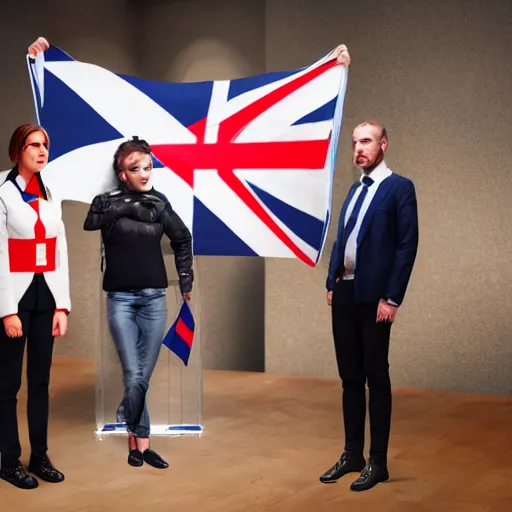 Image similar to an british person holding a british flag, a french person holding a french flag, a german person holding a german flag. realistic studio portrait, museum quality, hyperrealistic, artstation, prizewinning