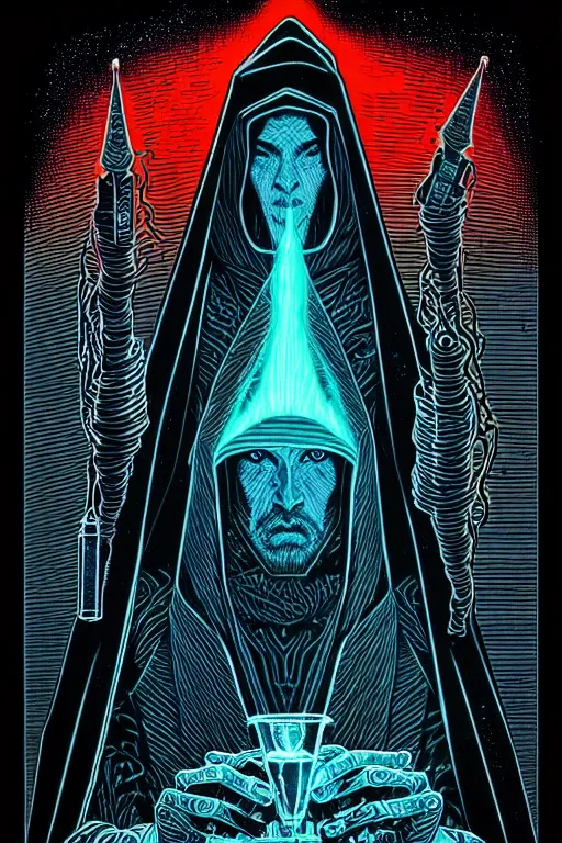 Prompt: cloaked wizard holding magic potion, high details, intricately detailed, by vincent di fate, inking, 3 color screen print, masterpiece, trending on artstation,, sharp, details, hyper - detailed, hd, 4 k, 8 k