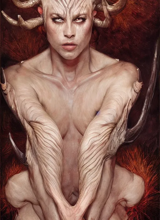 Image similar to half demon half human intricate skin hairy costume, elegant, peaceful, full body, horns, hyper realistic, extremely detailed, dnd character art portrait, fantasy art, intricate fantasy painting, dramatic lighting, vivid colors, deviant art, artstation, by edgar maxence and caravaggio and michael whelan and delacroix.