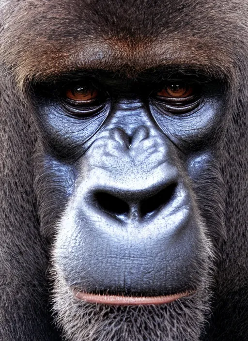 Image similar to platon closeup photograph of harambe in a suit, photorealistic, studio lighting, ektachrome, detailed, intricate, face detail