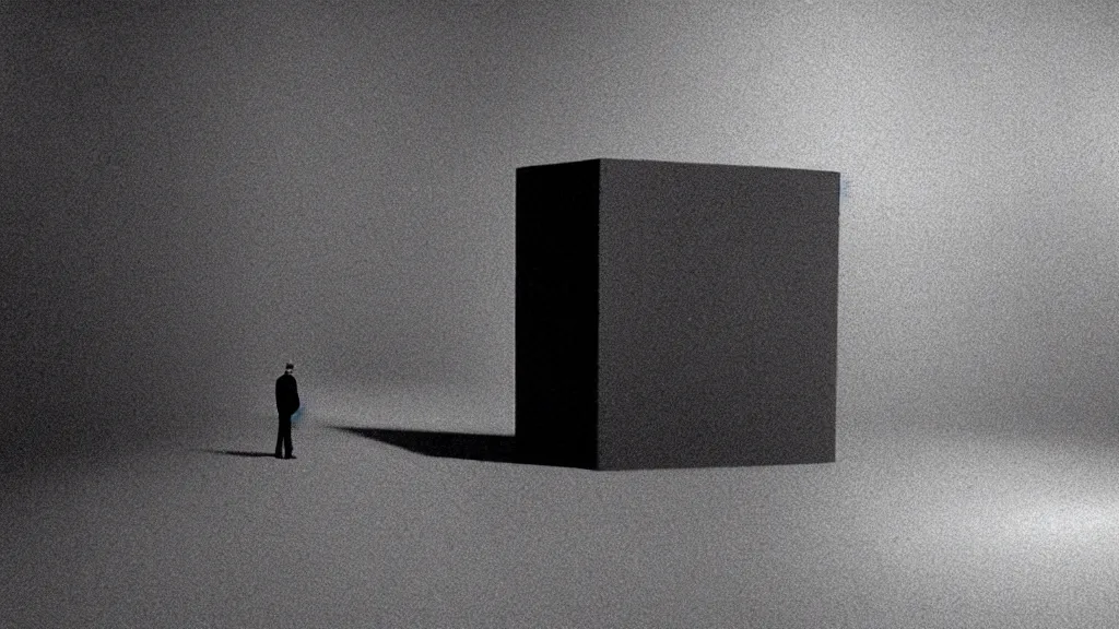 Image similar to cube man, film still from the movie directed by denis villeneuve and david cronenberg with art direction by salvador dali and zdzisław beksinski, wide lens