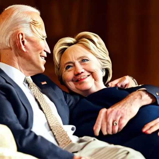 Image similar to up close of joe biden and hillary clinton cuddling on a loveseat