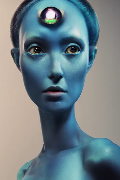 Prompt: beautiful studio portrait of an elegant blue alien woman with insect eyes, wearing an outfit made from plutonium, silicone skin, symmetrical face, piercings resembling plasma jets, by luc besson and denis villeneuve, the 5 th element, hyperrealism, cinematrographic, sharp details, 3 5 mm, f / 2 4, masterpiece, artstation