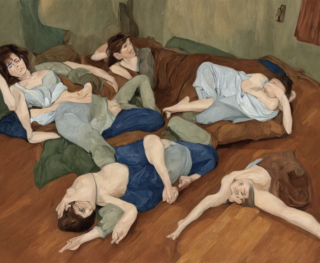 Image similar to portrait of two women lying horizontal, in an empty old english apartment with wooden floor on a brown leather sofa. one is wearing a dark blue sweather, the other a white shirt. brown hair, they are looking into the camera. wide shot. in the style of lucien freud. oil painting. green mood. isometric perspective