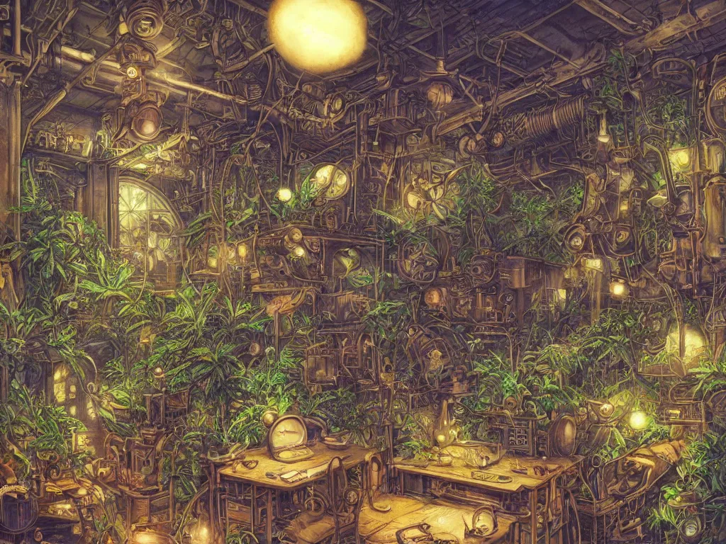Image similar to Small desk at night with desklamp inside an enormous steampunk machine room with lush vegetation growing around the machines, tropical trees, large leaves, flowers, beautiful starry night sky through the windows, beatifully lit, vivid colors, hyper detailed painting, hyperrealism, vintage science fiction illustration, Studio Ghibli, Rebecca Guay
