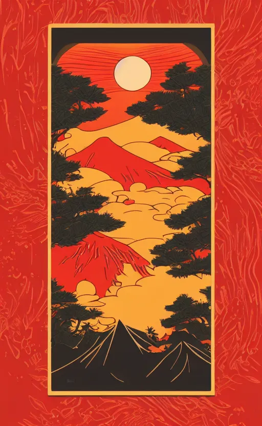 Prompt: hanafuda, a big red charm is floating above a forest of japanese pines, a big red sun in the background, front game card, vector line art, trending on artstation, concept art, stunning, matte