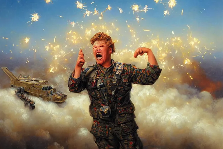 Image similar to portrait of rip taylor throwing confetti during desert storm war, an oil painting by ross tran and thomas kincade