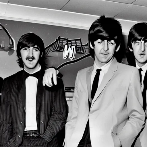 Prompt: the beatles playing in the corner of a mcdonald's restaurant