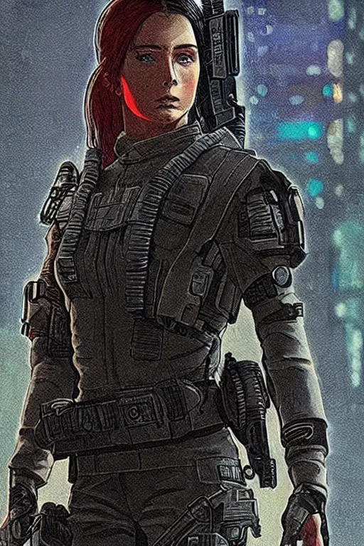 Prompt: Sonya. Confident blackops mercenary in tactical gear and cyberpunk headset. Blade Runner 2049. concept art by James Gurney and Mœbius.