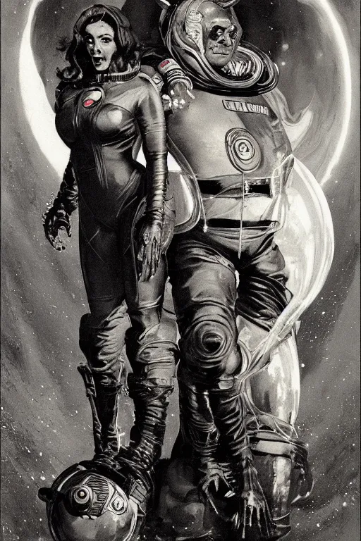 Prompt: full body portrait of fat dorian yates as demon chief standing beside elegant space woman in latex spacesuit, by norman rockwell, jack kirby, jon berkey, earle bergey, craig mullins, ruan jia, jeremy mann, tom lovell, marvel, astounding stories, 5 0 s pulp illustration, scifi, fantasy, artstation creature concept