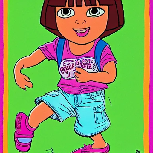 Image similar to dora the explorer as real girl, in lowbrow style, realism painted by Robert Crumb, Victor Moscoso, Steve Clay Wilson