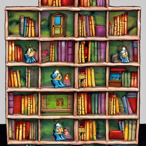 Image similar to enchanted bookshelves, in the style of colin thompson, highly detailed, playful fantasy.