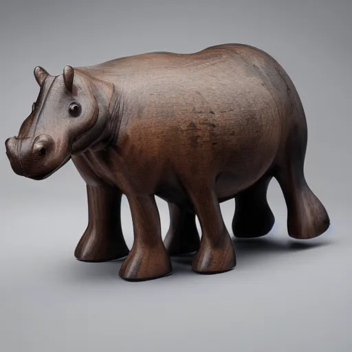 Prompt: a museum - quality wooden hippopotamus made of polished wood with a blue ceramic head, hd photograph, matte gray background