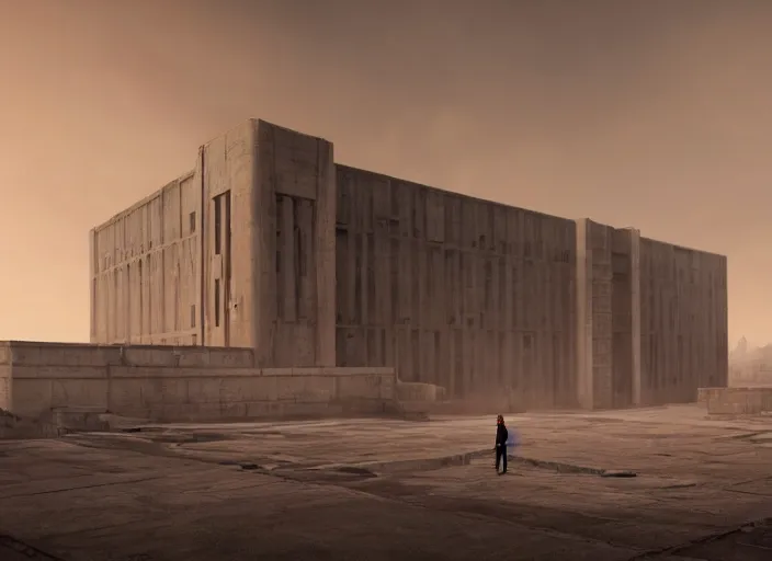 Image similar to a man standing in a brutalist soviet temple, a detailed matte painting by senior environment artist, cgsociety, fantasy art, reimagined by industrial light and magic, unreal engine 5, matte painting