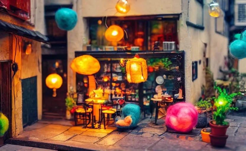 Image similar to mini cafe diorama macro photography, alleyway, cafe for felted animals, ambient, colorful paper lanterns, atmospheric photograph, string lights, romantic