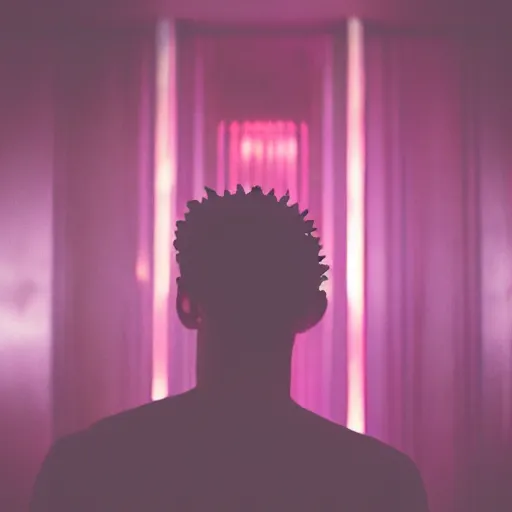 Image similar to close up kodak portra 4 0 0 photograph of a skinny guy standing in a vip club bathroom, back view, flower crown, moody lighting, telephoto, 9 0 s vibe, blurry background, vaporwave colors, faded!,