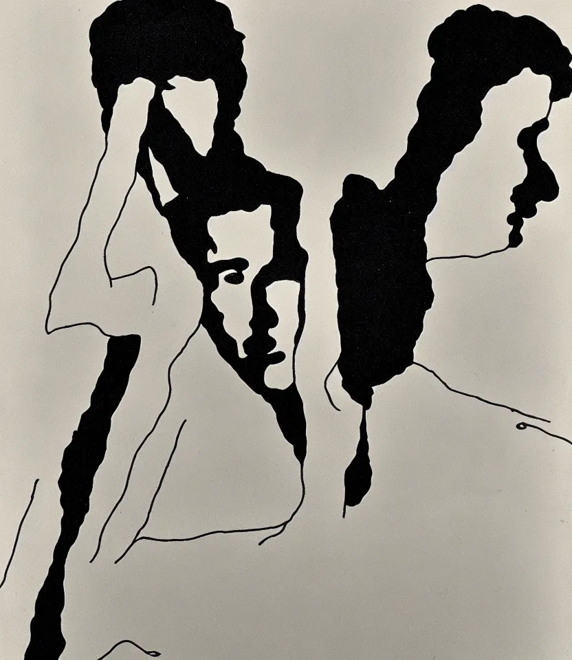 Prompt: monochrome lineography of leonard cohen inspired by egon schiele.