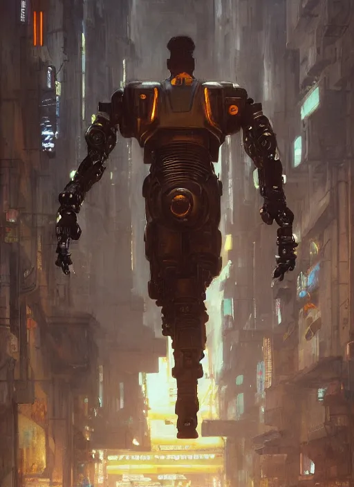 Prompt: weightlifter with super large robot arms. cyberpunk mercenary minion in a military vest ( blade runner 2 0 4 9, cyberpunk 2 0 7 7 ). orientalist portrait by john william waterhouse and james gurney and theodore ralli and nasreddine dinet, oil on canvas. cinematic, hyper realism, realistic proportions, dramatic lighting, high detail 4 k