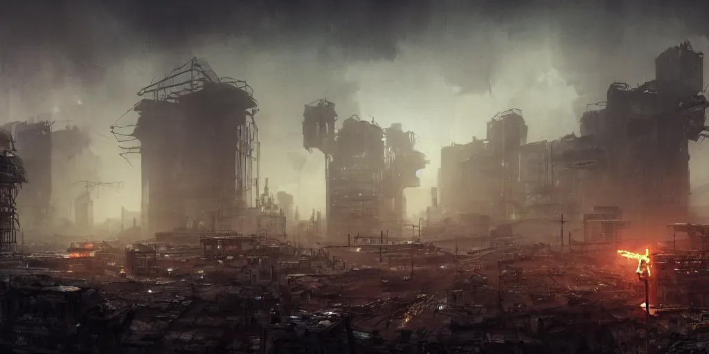 Prompt: Panorama detailed heavy industrial post-apocalyptic cyberpunk city highly detailed with torch lights in the distance, dusk, massive crater in the center of the city, grime, dark, sci-fi, science, industry, realistic, in the style of grandfailure, Tithi Luadthong, dynamic dramatic dark moody lighting,shadows,cinematic atmosphere,Artstation,concept design art,Octane render,8K