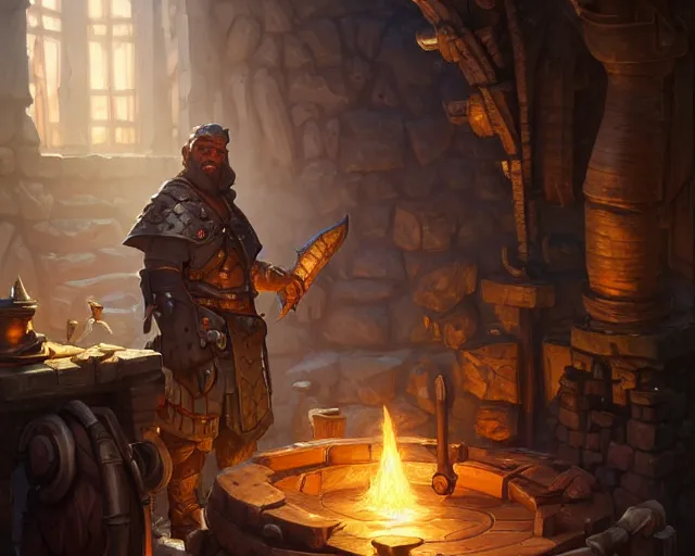 Prompt: a blacksmith looking at his armory, deep focus, d & d, fantasy, intricate, elegant, highly detailed, digital painting, artstation, concept art, matte, sharp focus, illustration, hearthstone, art by artgerm and greg rutkowski and alphonse mucha