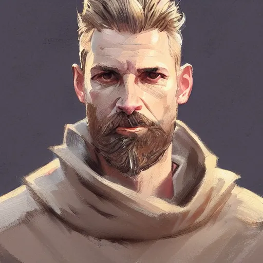 Image similar to Portrait of a man by Greg Rutkowski, he is about 40 years old, short blond quiff hair, trimmed beard, roman nose, wearing beige sweater, smart appearance, highly detailed portrait, digital painting, artstation, concept art, smooth, sharp foccus ilustration, Artstation HQ.
