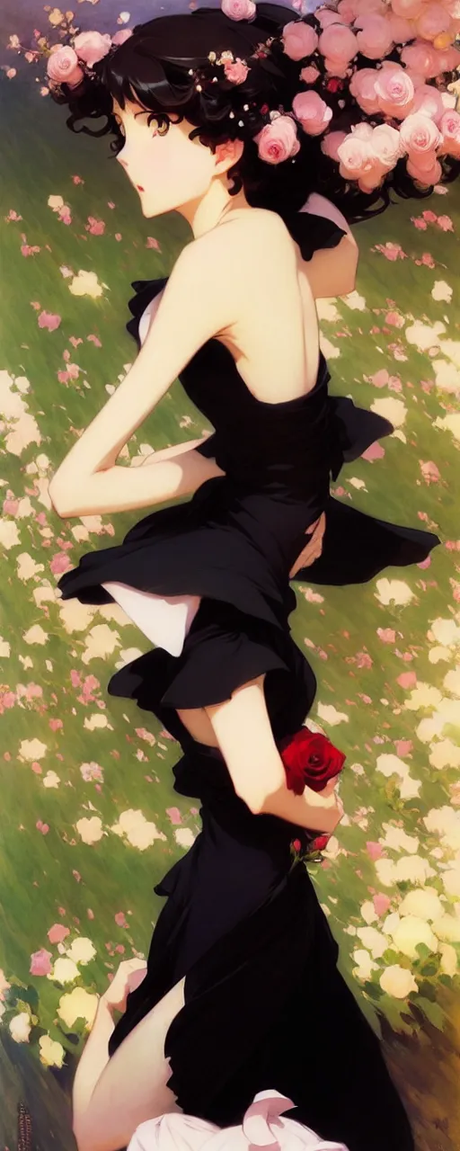 Prompt: beautiful rose anime girl in elegent black dress, krenz cushart, mucha, ghibli, by joaquin sorolla rhads leyendecker, by ohara koson