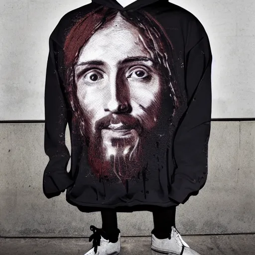 Prompt: jesus portrait in virgil abloh hoodie streetwear by nicola samori, off - white style