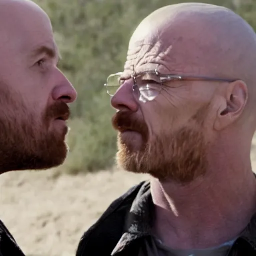 Prompt: a still from breaking bad of Jesse Pinkman (in left) kissing Walter White (in right), close-up, highly detailed skin