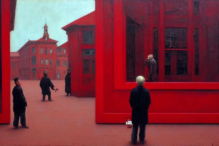 Image similar to only with red, a red old man try to sell a portrait, crowd cheering, in a city square, in the style of beksinski, parts by edward hopper, parts by rodcenko, parts by yue minjun, intricate and epic composition, red by caravaggio, insanely quality, highly detailed, masterpiece, red light, artstation, 4 k